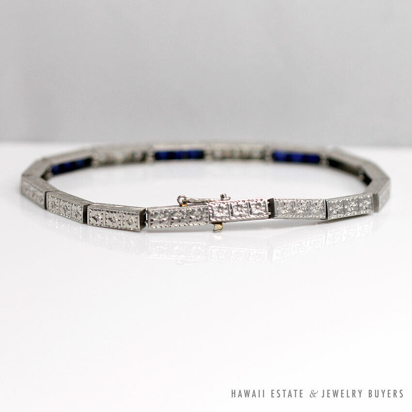 Art Deco Old European Diamond & Synthetic Sapphire Platinum Bracelet 6.5 Inch - Image 8
