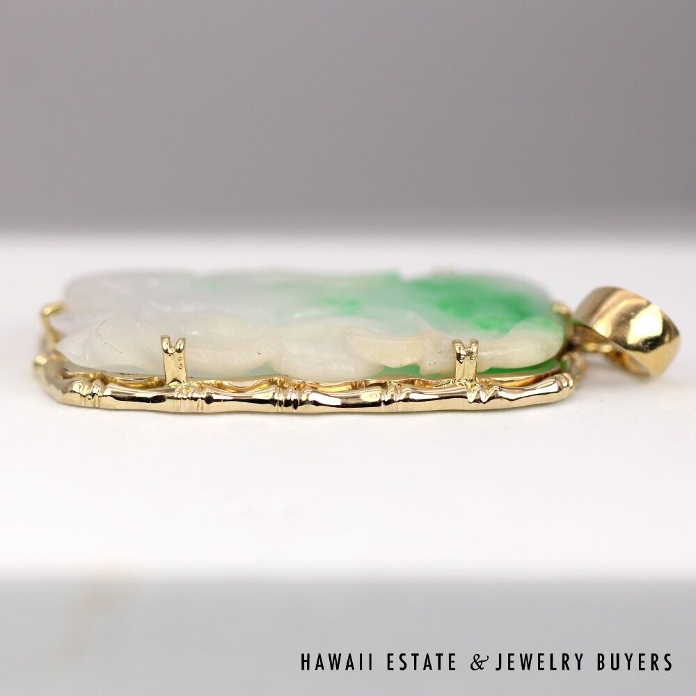 Carved Moss in Snow Green & White Jade 14K Yellow Gold Pendant - Image 4