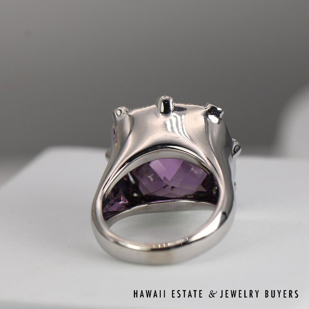 Checkerboard Cut Amethyst & Diamond 18K White Gold Ring & Earrings Set Size 6.5 - Image 3