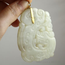 Carved White Jade Openwork Dragon Pendant with 14K Yellow Gold Bail