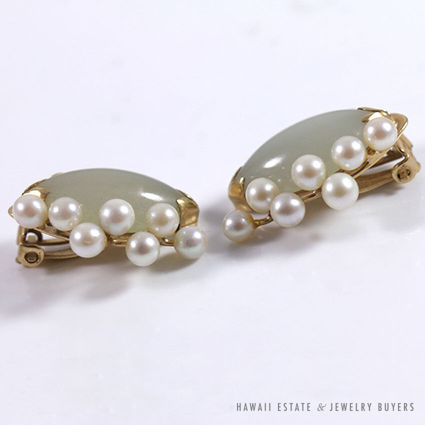 Ming's Hawaii Jade Marquise Cabochon Pearl Cluster 14K Yellow Gold Clip Earrings - Image 6