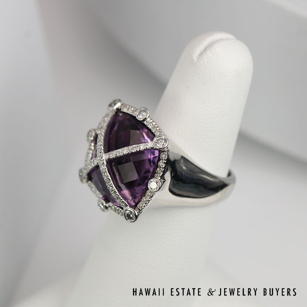 Checkerboard Cut Amethyst & Diamond 18K White Gold Ring & Earrings Set Size 6.5 - Image 4