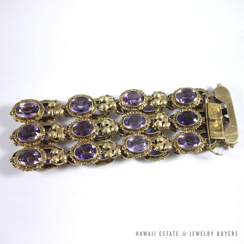 Vintage 1940s Bezel-Set Oval Amethyst 14K Yellow Gold Wide Flexible Bracelet - Image 6