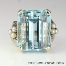 Emerald-Cut Aquamarine & Cultured Pearl 14K White Gold Cocktail Ring Size 7