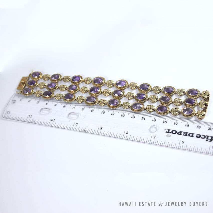 Vintage 1940s Bezel-Set Oval Amethyst 14K Yellow Gold Wide Flexible Bracelet - Image 11