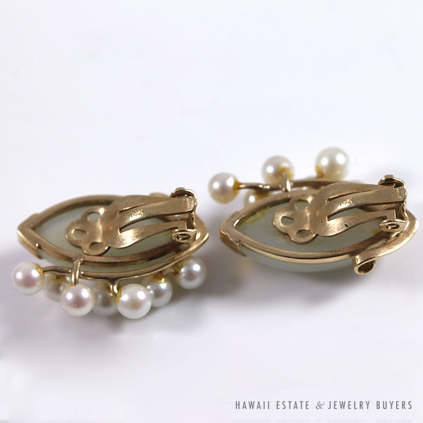 Ming's Hawaii Jade Marquise Cabochon Pearl Cluster 14K Yellow Gold Clip Earrings - Image 4
