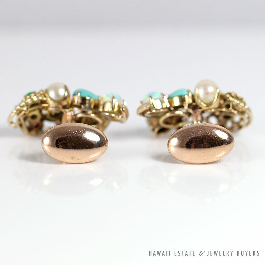 Vintage Turquoise Cabochon Pearl Two-Tone 10K Gold Cufflinks - Image 6