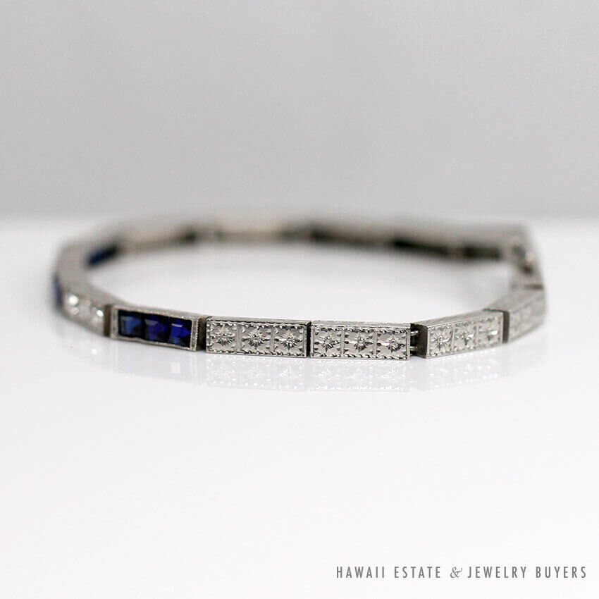 Art Deco Old European Diamond & Synthetic Sapphire Platinum Bracelet 6.5 Inch - Image 7