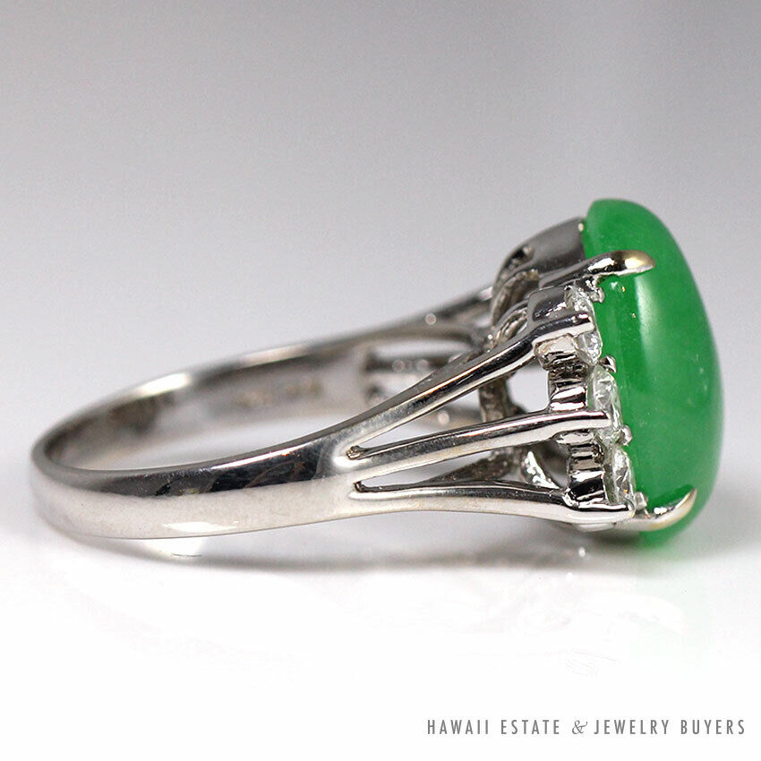GIA CERTIFIED JADE APPLE GREEN CABOCHON DIAMOND 0.90CTW 18K WHITE GOLD RING SZ 8 - Image 5