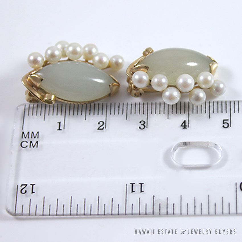 Ming's Hawaii Jade Marquise Cabochon Pearl Cluster 14K Yellow Gold Clip Earrings - Image 11