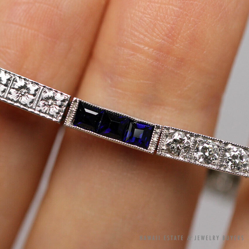 Art Deco Old European Diamond & Synthetic Sapphire Platinum Bracelet 6.5 Inch - Image 5