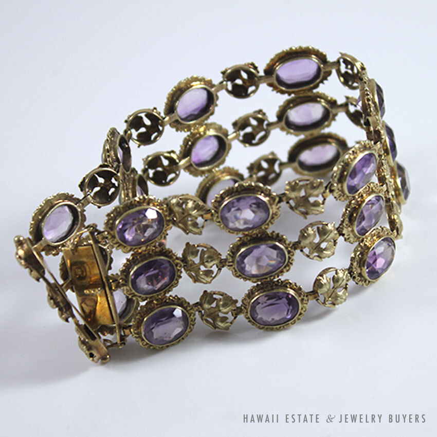 Vintage 1940s Bezel-Set Oval Amethyst 14K Yellow Gold Wide Flexible Bracelet - Image 5