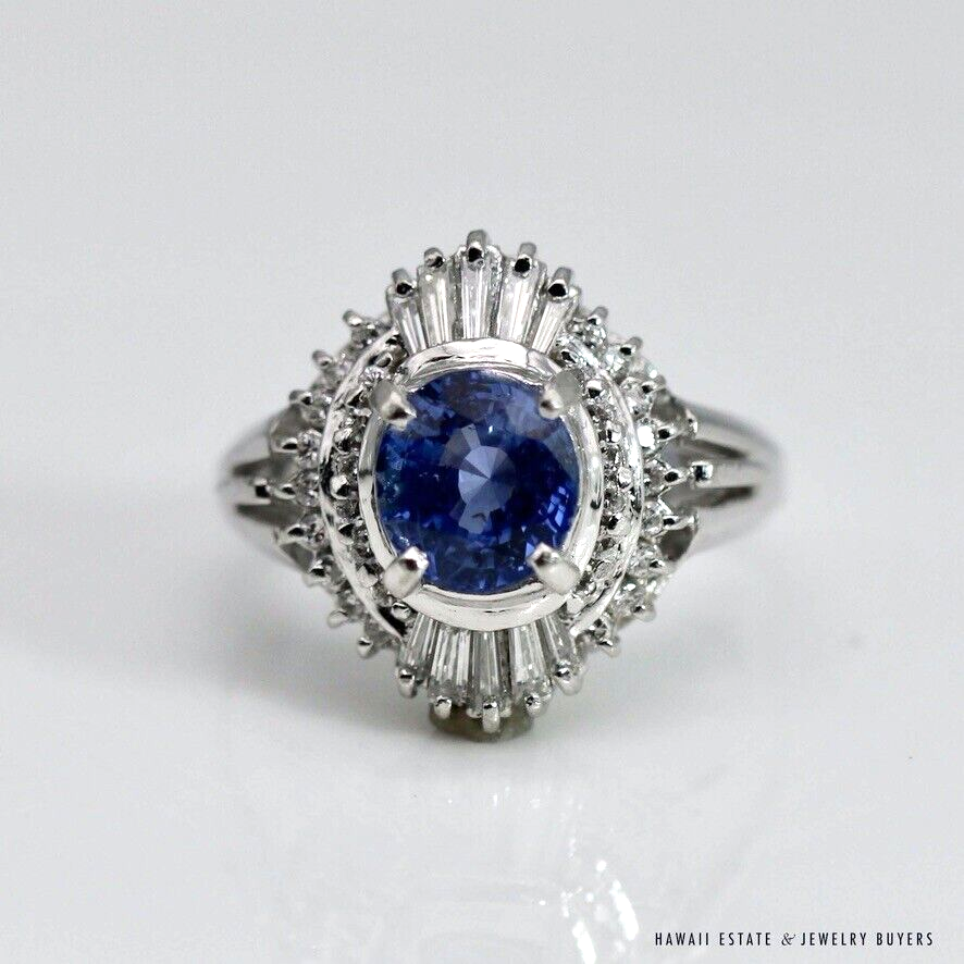 Oval Blue Sapphire & Diamond Platinum Halo Ballerina Ring Size 5.75
