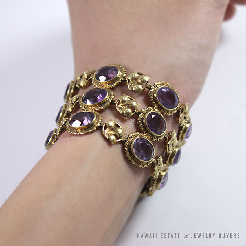 Vintage 1940s Bezel-Set Oval Amethyst 14K Yellow Gold Wide Flexible Bracelet - Image 9