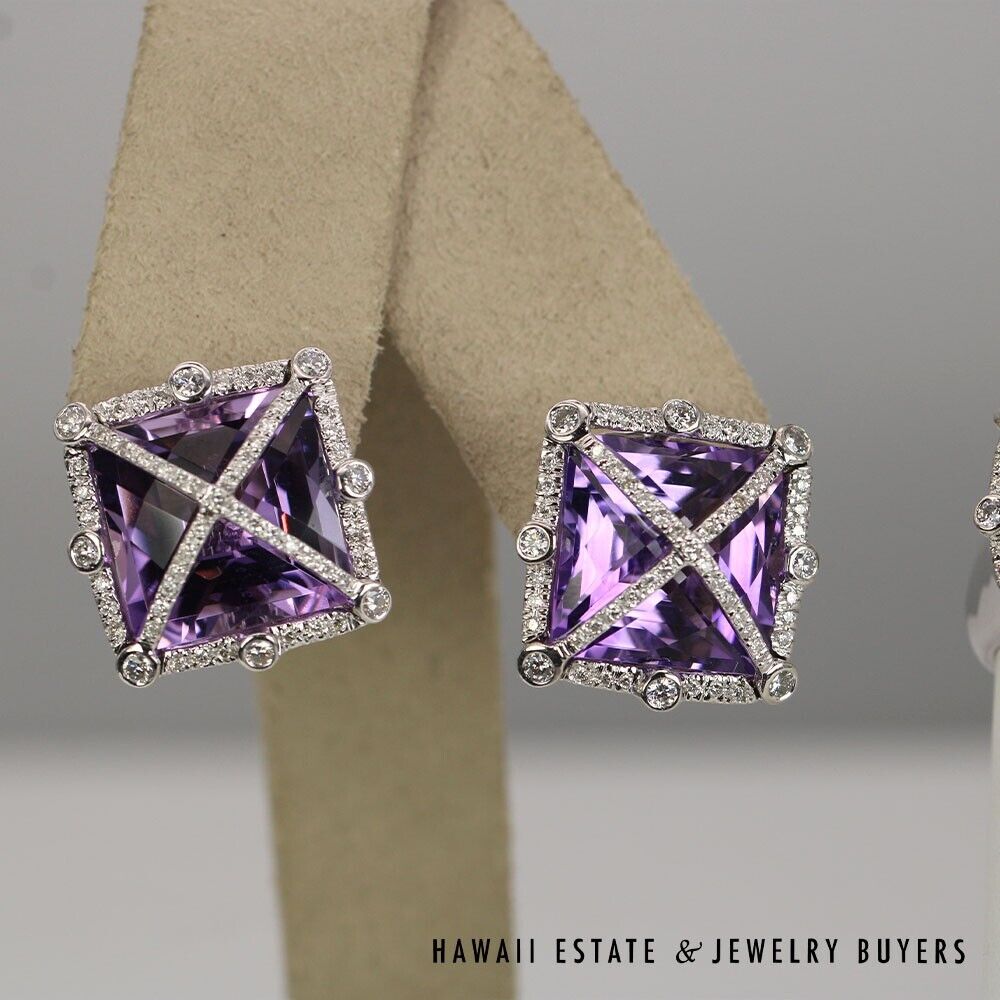 Checkerboard Cut Amethyst & Diamond 18K White Gold Ring & Earrings Set Size 6.5 - Image 2