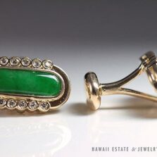 Vintage Apple Green Jade Cabochon & Diamond 18K Yellow Gold Hinged Cufflinks