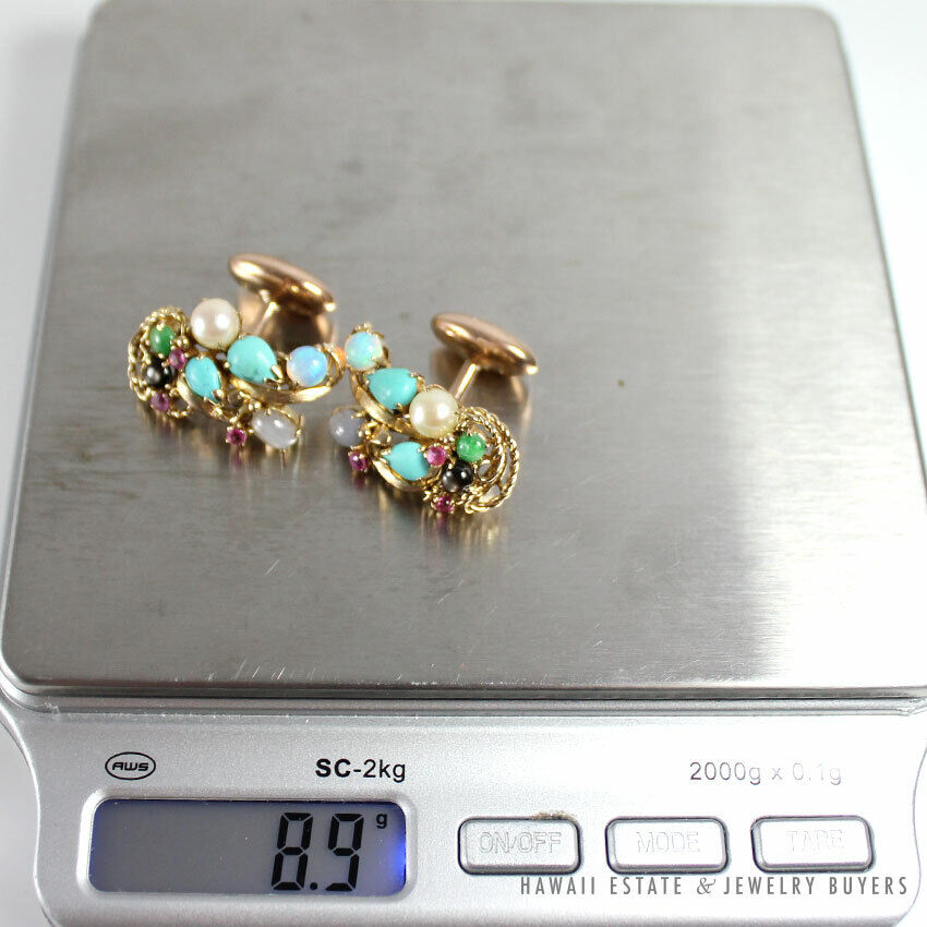 Vintage Turquoise Cabochon Pearl Two-Tone 10K Gold Cufflinks - Image 9