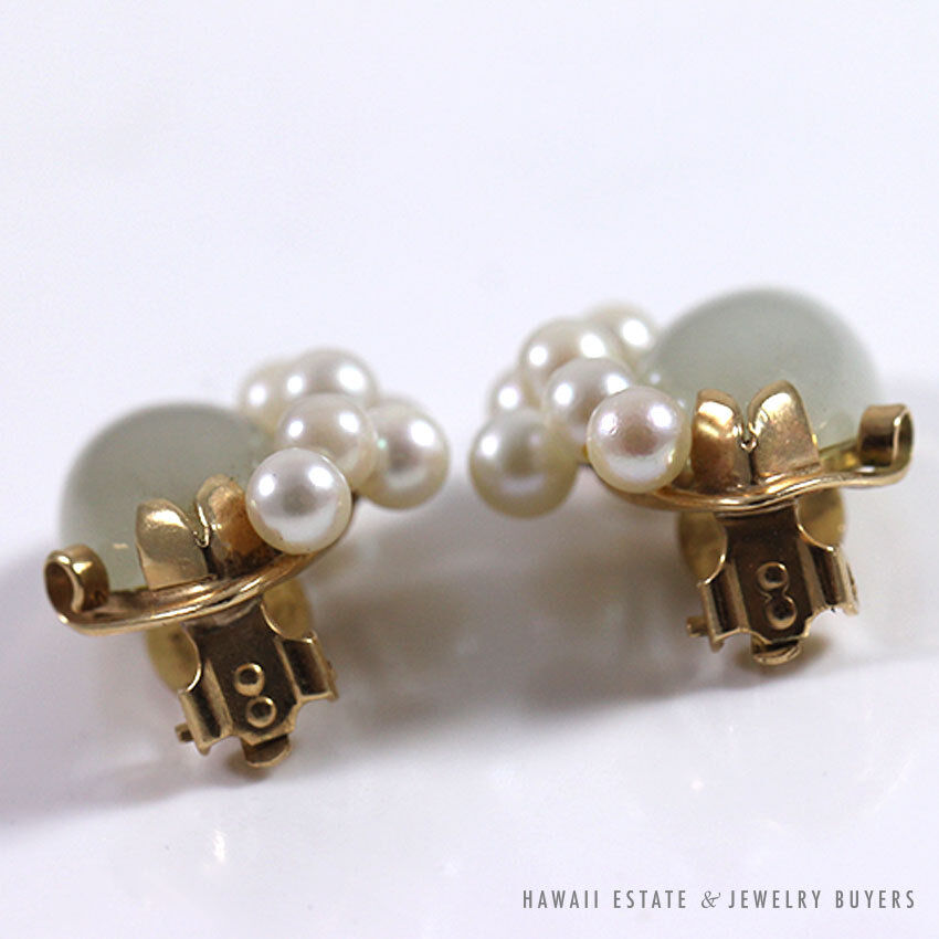 Ming's Hawaii Jade Marquise Cabochon Pearl Cluster 14K Yellow Gold Clip Earrings - Image 5