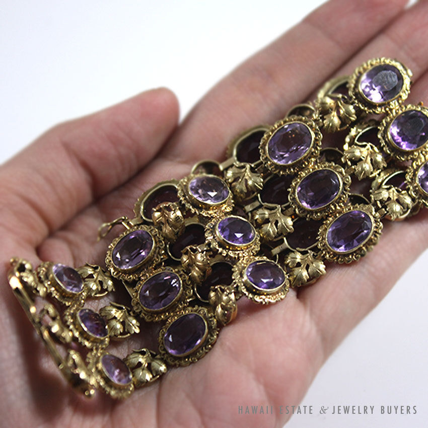 Vintage 1940s Bezel-Set Oval Amethyst 14K Yellow Gold Wide Flexible Bracelet - Image 8