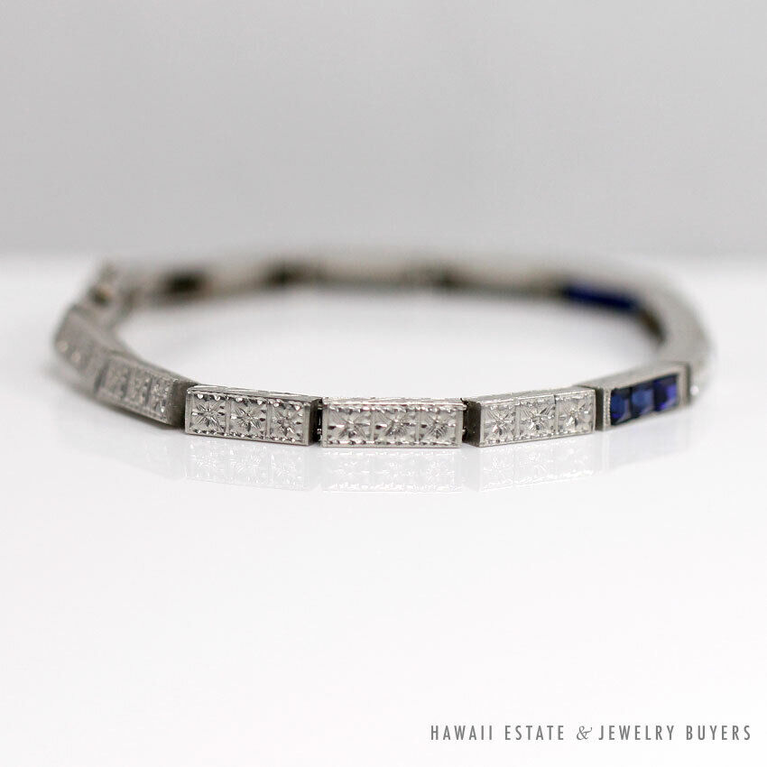 Art Deco Old European Diamond & Synthetic Sapphire Platinum Bracelet 6.5 Inch - Image 6