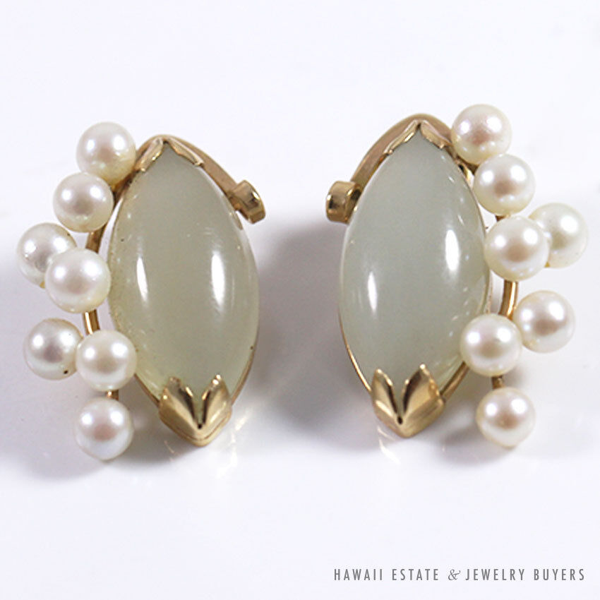 Ming's Hawaii Jade Marquise Cabochon Pearl Cluster 14K Yellow Gold Clip Earrings