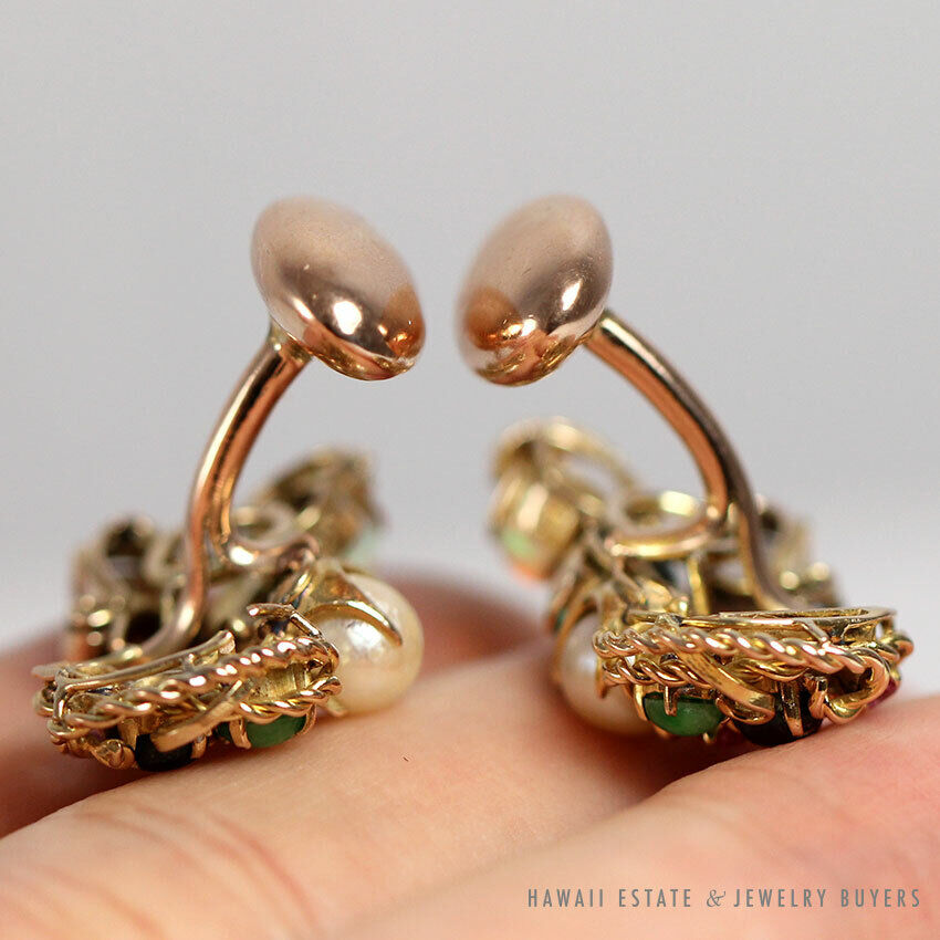 Vintage Turquoise Cabochon Pearl Two-Tone 10K Gold Cufflinks - Image 3