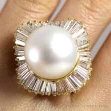 South Sea Pearl & Baguette Diamond 18K Yellow Gold Ballerina Ring Size 7.5