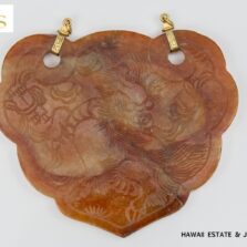 MING'S 14KYG 94.5g RED JADE DRAGON & PHOENIX CARVED MEDALLION
