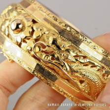 30mm Dragon & Phoenix 18K Yellow Gold Hinged Bangle Bracelet Size 7