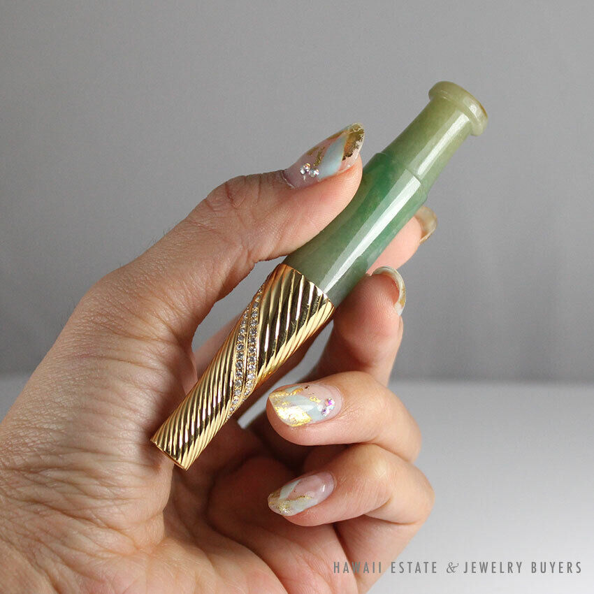 Vintage Jade 1ctw Natural Diamond 18K Yellow Gold Cigarette Holder - Image 9