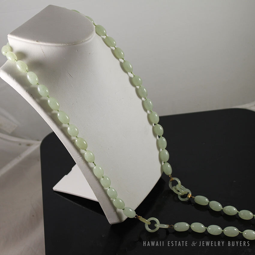 Carved Pale Green Jade Endless Chain Bead Necklace 35 Inch with 14K Gold Clasp - Image 3