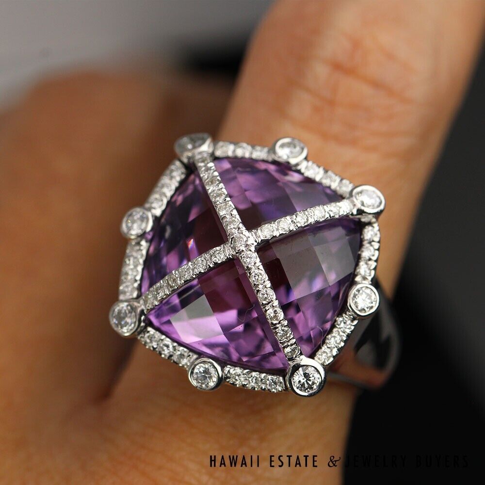 Checkerboard Cut Amethyst & Diamond 18K White Gold Ring & Earrings Set Size 6.5 - Image 5