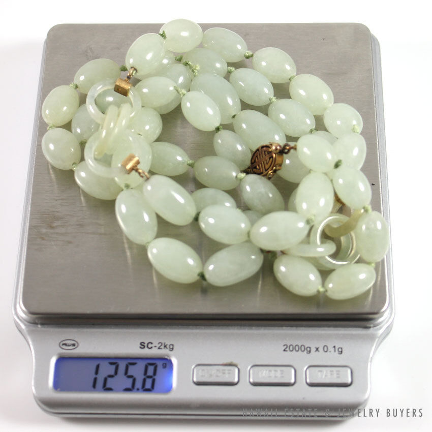 Carved Pale Green Jade Endless Chain Bead Necklace 35 Inch with 14K Gold Clasp - Image 10