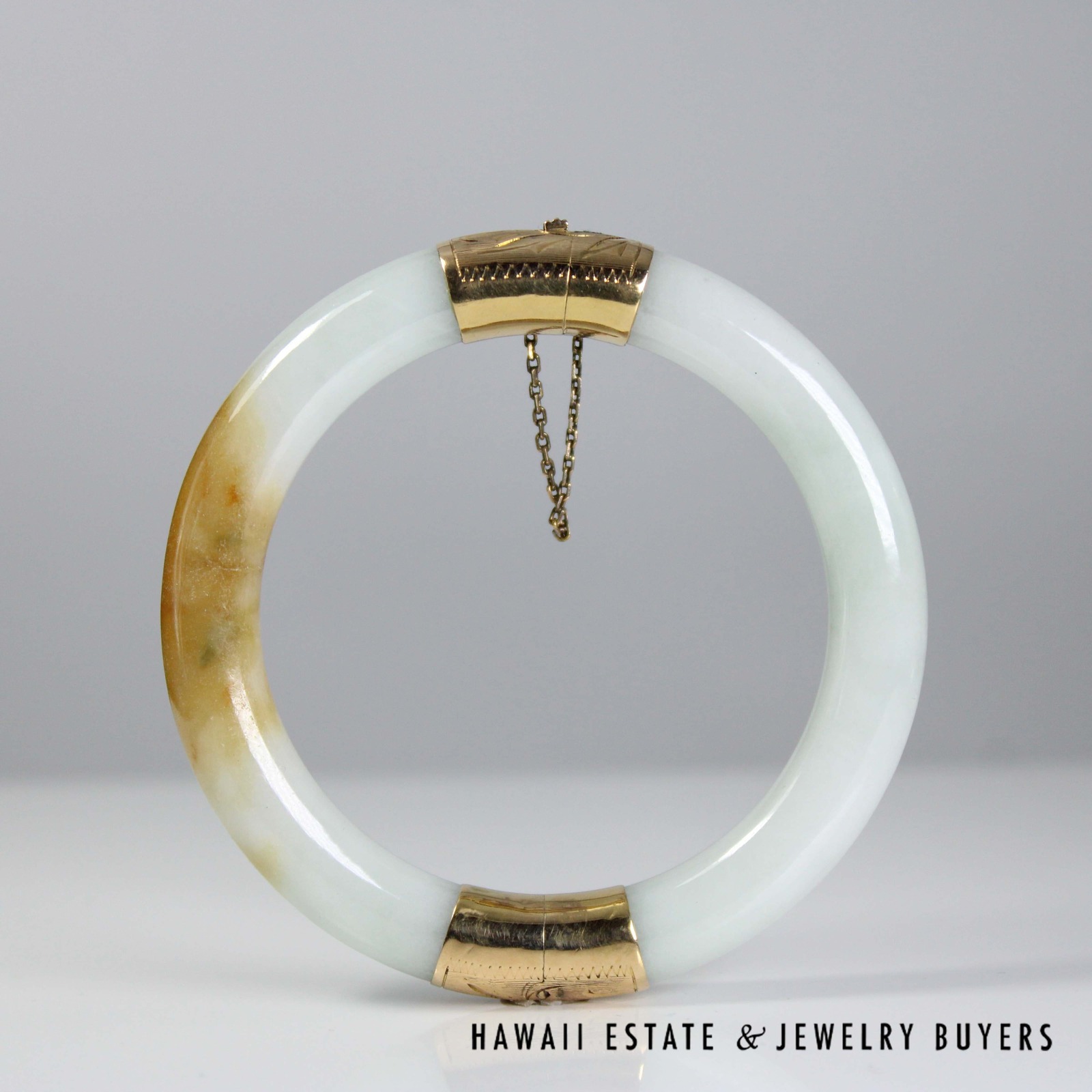 White & Brown Jade Hinged Bangle Bracelet Size 7 with 14K Yellow Gold Clasp