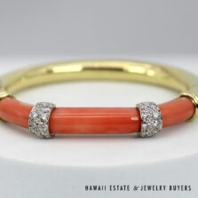 Orange Coral & Pave Diamond 18K Yellow Gold Hinged Bangle Bracelet Size 6.25