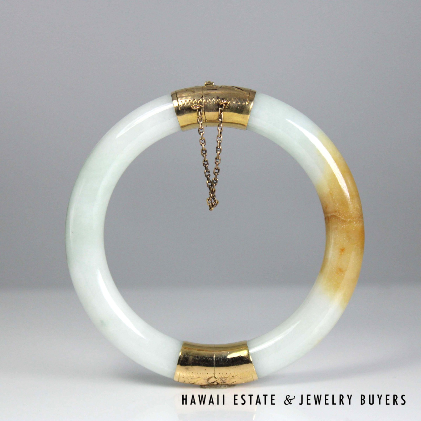 White & Brown Jade Hinged Bangle Bracelet Size 7 with 14K Yellow Gold Clasp - Image 3