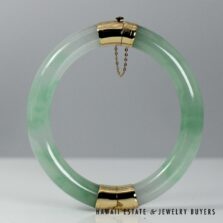 Mottled Green Jade Hinged Bangle Bracelet Size 7.5 with 14K Yellow Gold End Caps